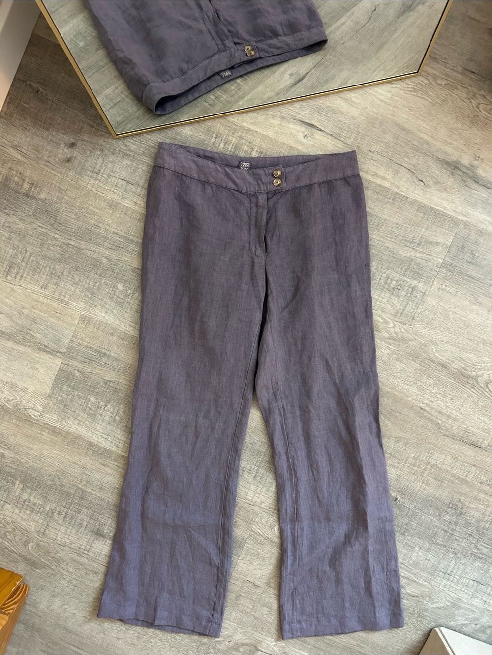 120% Lino Purple Linen Pants 12 Italy Wide Straight Leg Mid Rise Trousers